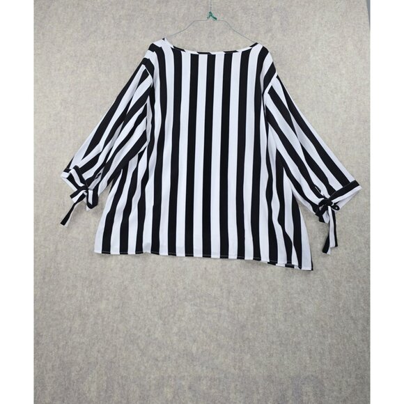 Black & White Striped Womens Blouse 3/4 Sleeve V-Neck Tie Cuffs 5XL Polyester - Picture 2 of 6